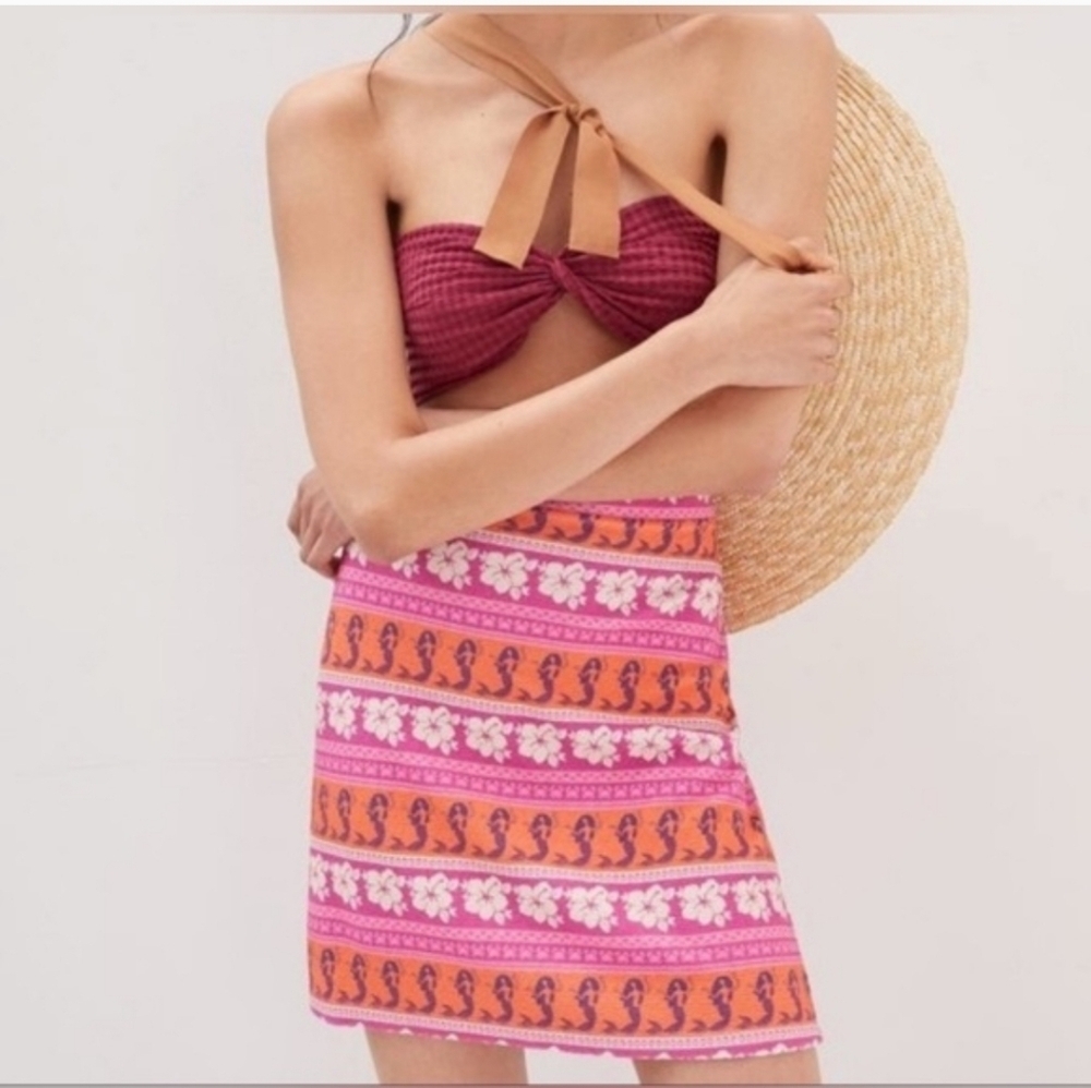 Farm Rio x Anthropologie Mermaid Print Mini Skirt Pink Orange Tropical Resort M